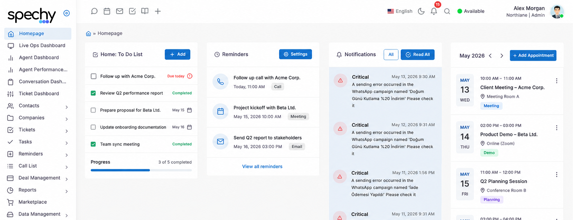 Spechy platform dashboard
